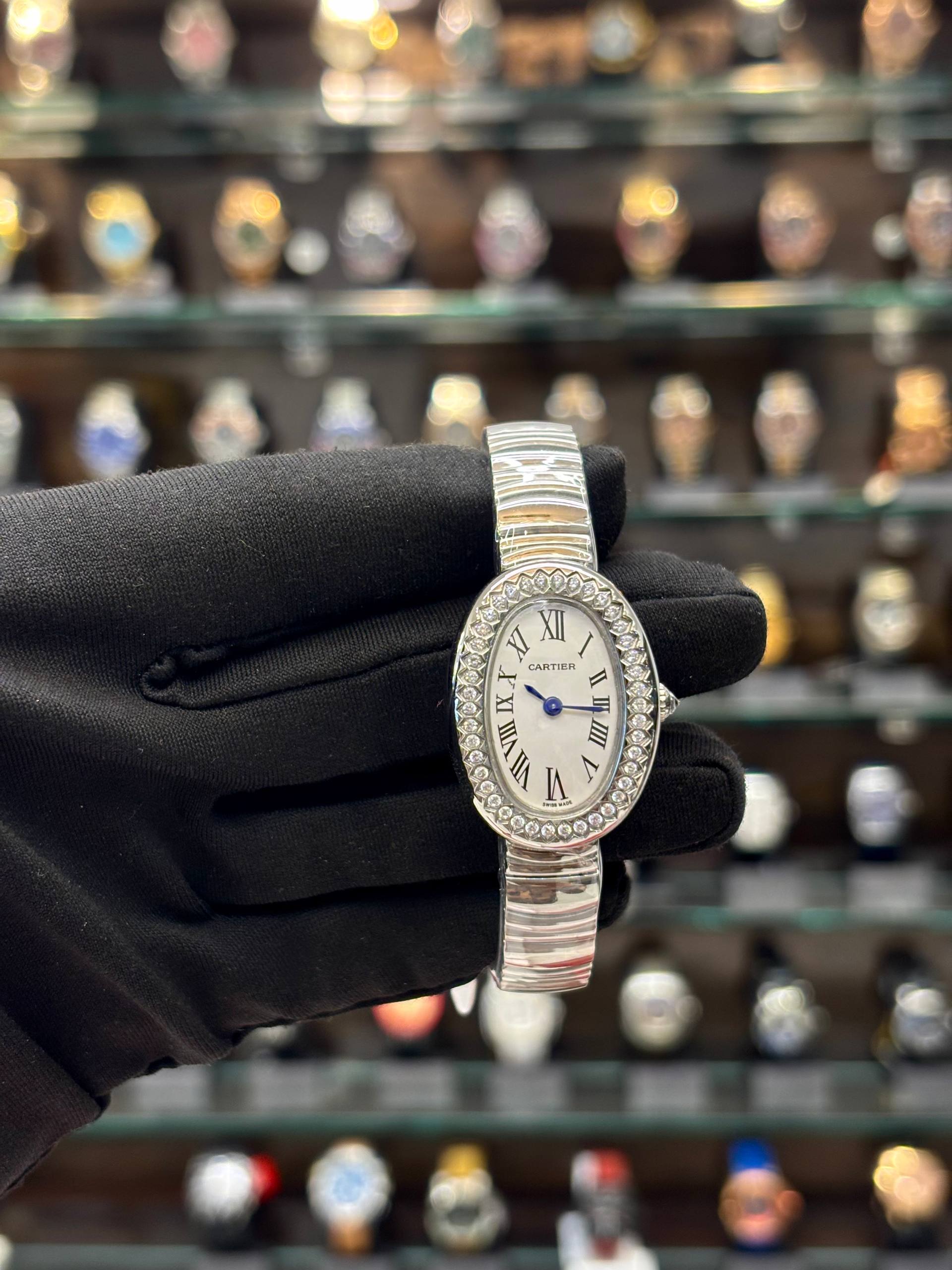 CARTIER BAIGNOIRE WOMEN’S WATCH IN SILVER 🥈 BODY WITH A DIAMOND-SET BEZEL IN MASTER PIECE